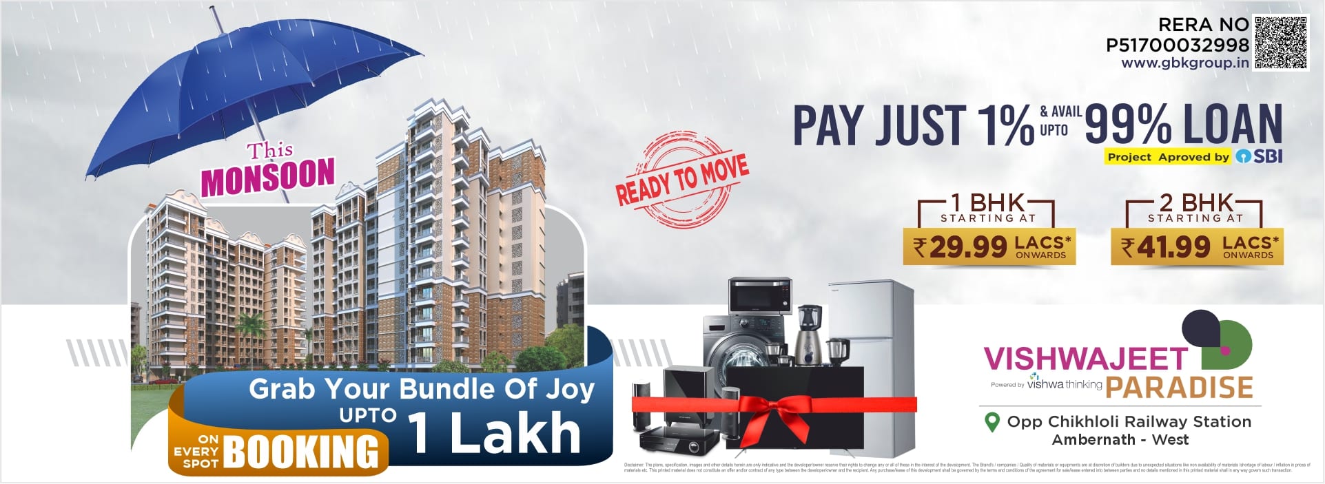 Vishwajeet Paradise Monsoon 2025 offers banner showing ready-to-move 1 & 2 BHK flats in Ambernath West with spot booking benefits up to ₹1 Lakh.