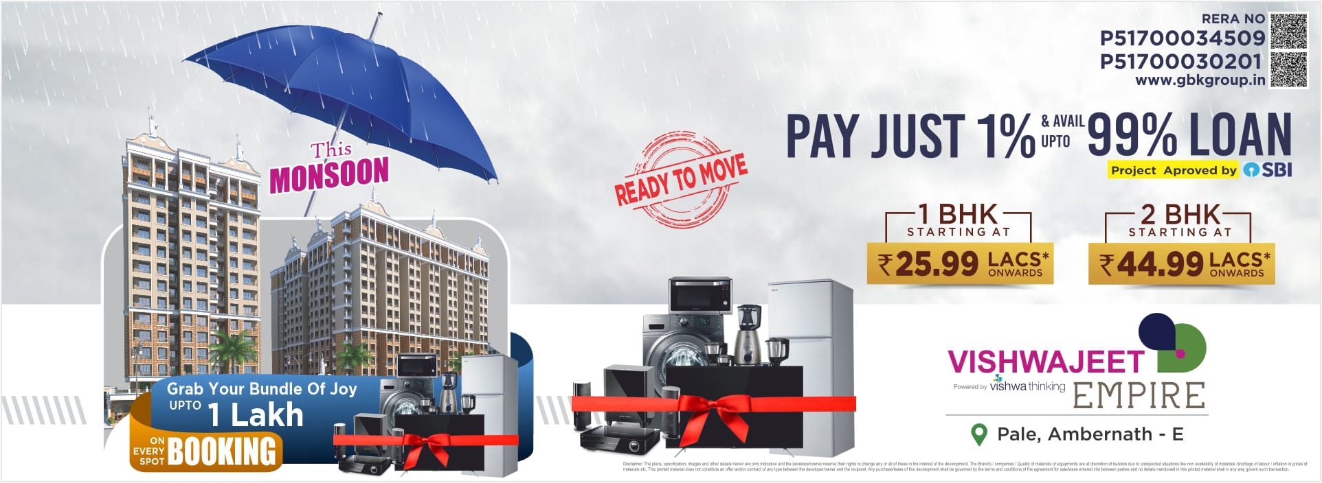 Vishwajeet Empire Monsoon 2025 offers banner showing ready-to-move 1 & 2 BHK flats in Ambernath East with spot booking benefits up to ₹1 Lakh.