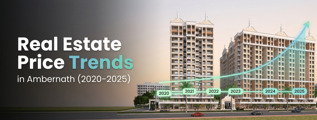 Real estate price trends in Ambernath from 2020 to 2025 showing residential buildings and upward growth graph
