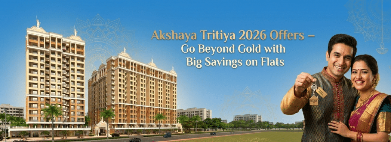 Festive Akshaya Tritiya Offers 2026 banner showcasing modern apartments in Ambernath with a couple celebrating their new home.