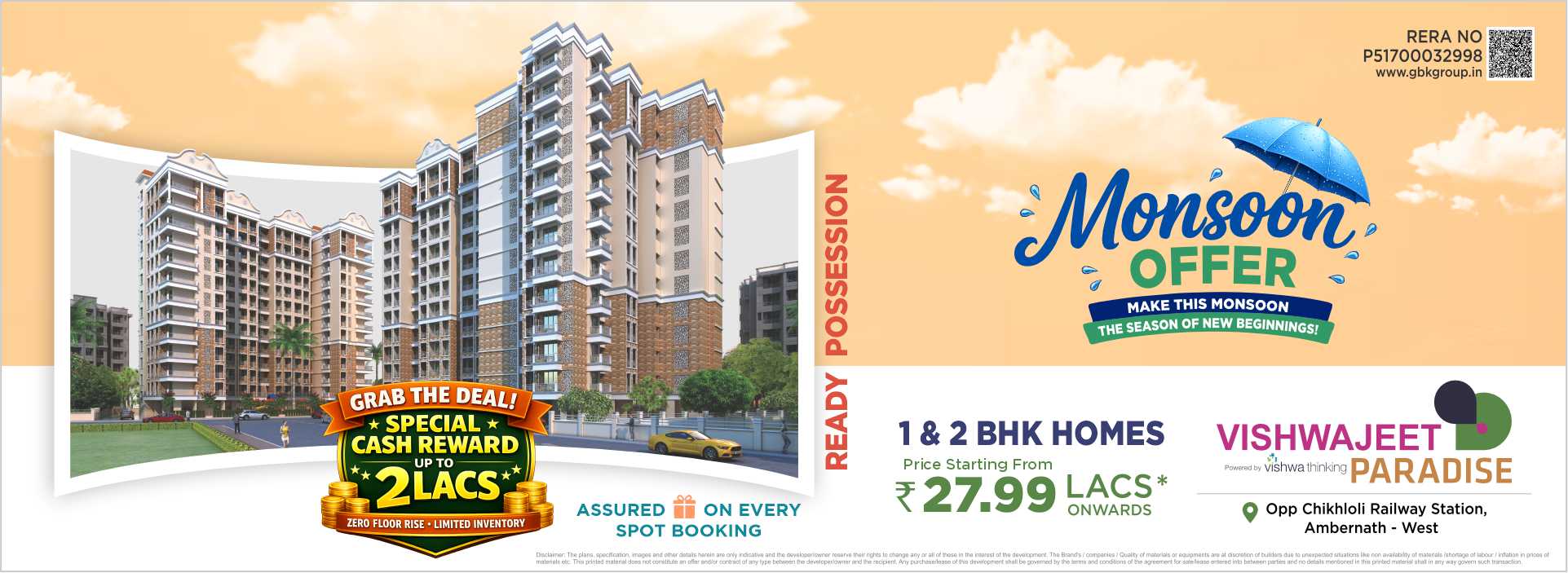 Monsoon offer advertisement for Vishwajeet Paradise in Ambernath West showcasing 1 & 2 BHK apartments with prices from ₹27.99 lakhs and assured rewards on booking.