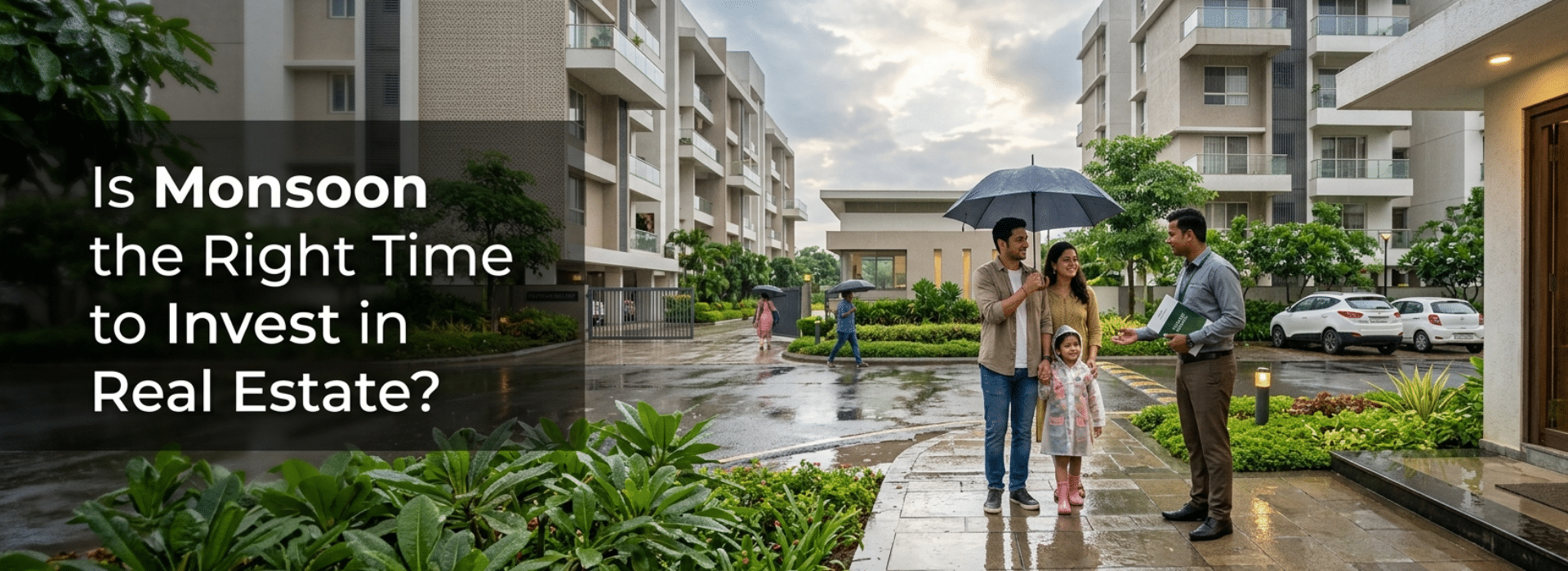 Monsoon real estate investment at a modern residential apartment with landscaped surroundings