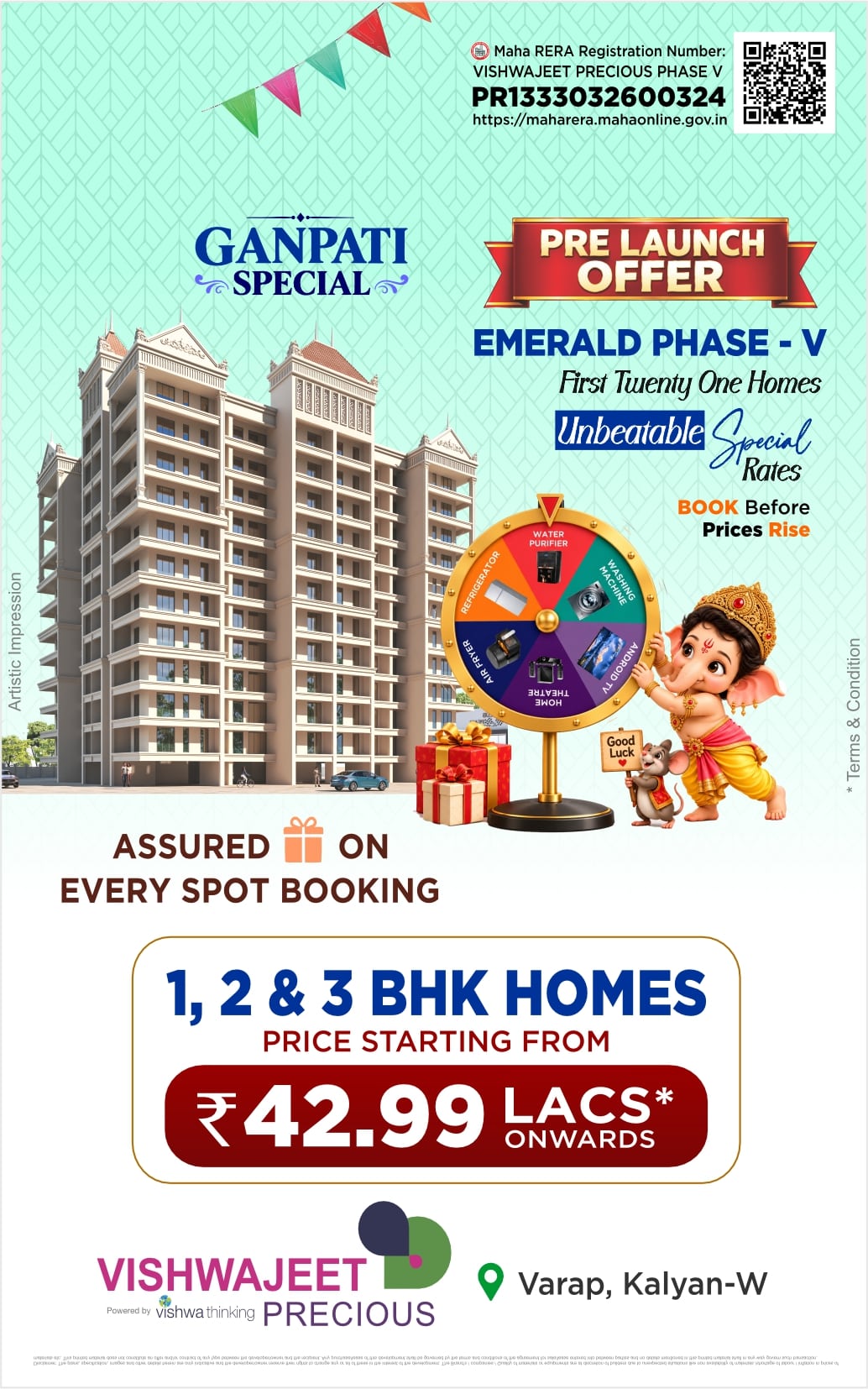 Ganpati Special offer for 1 & 2 BHK flats at Vishwajeet Precious in Kalyan West with assured gifts on every spot booking